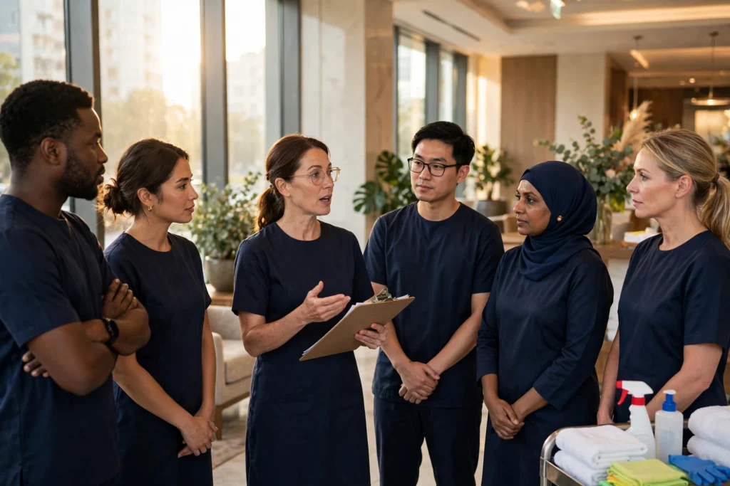 Hotel housekeeping team in a morning briefing with their supervisor.