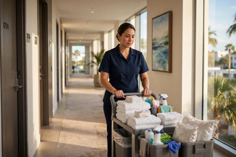 Housekeeper pushing cart in an Orlando hotel hallway
