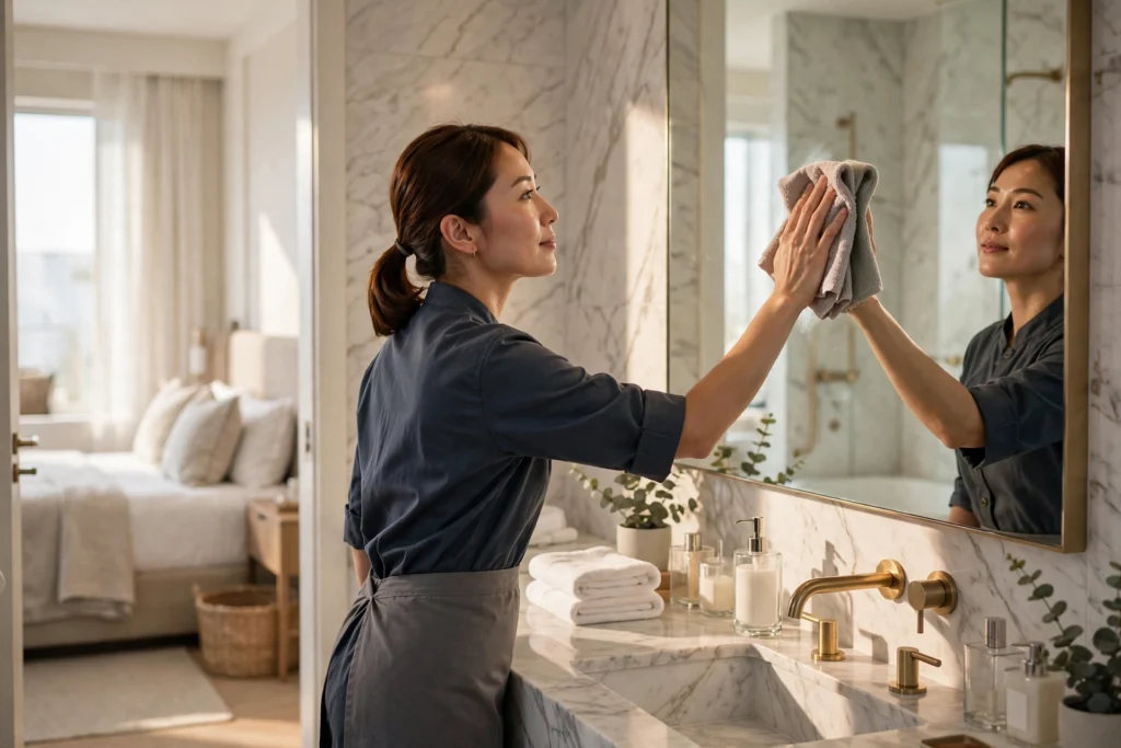 Housekeeper cleaning a mirror in a bright Tampa hotel suite.