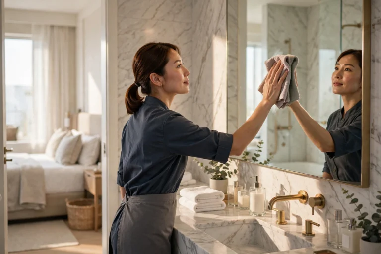 Housekeeper cleaning a mirror in a bright Tampa hotel suite.