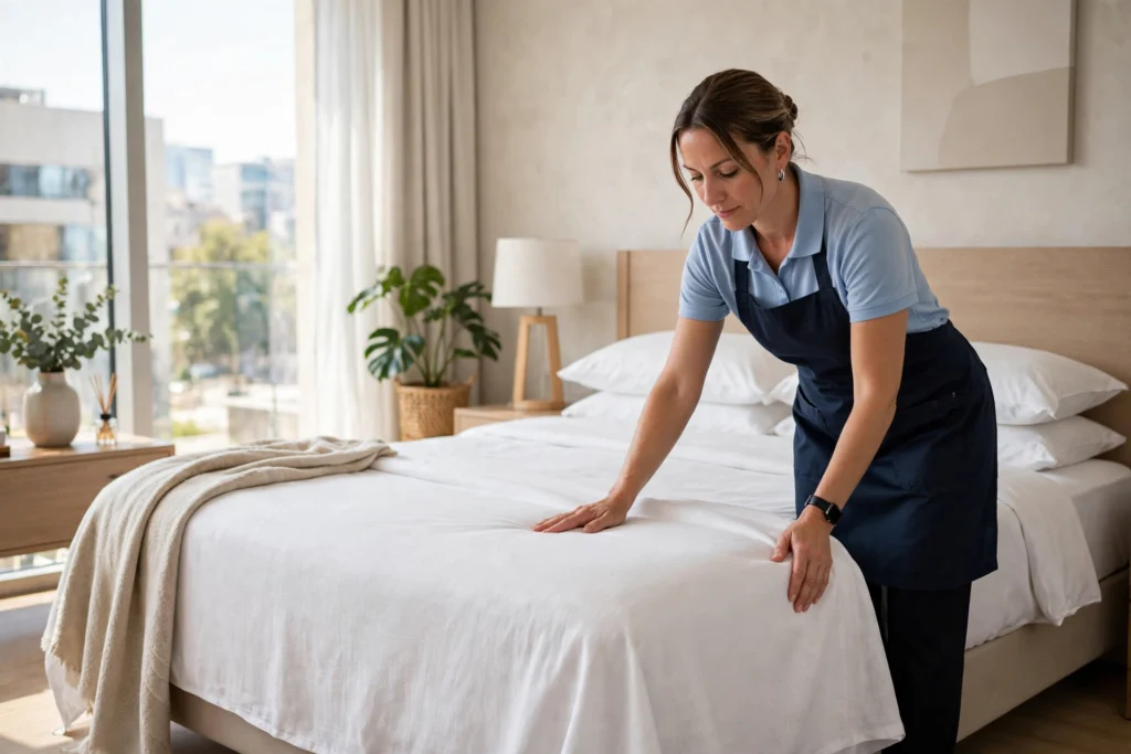 Hotel housekeeper making a bed in a Tampa hotel room
