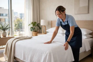 Hotel housekeeper making a bed in a Tampa hotel room