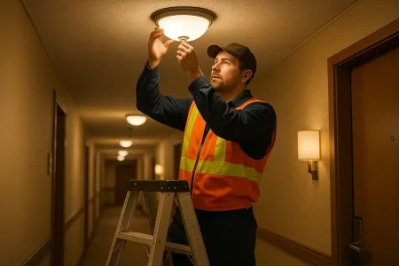 Maintenance technician fixing a ceiling light in a hotel hallway